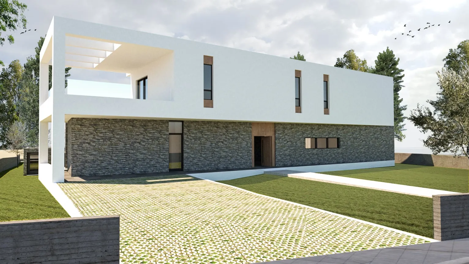 Design visualisation of a contemporary two-storey villa in Pegia with white render above a natural-stone base