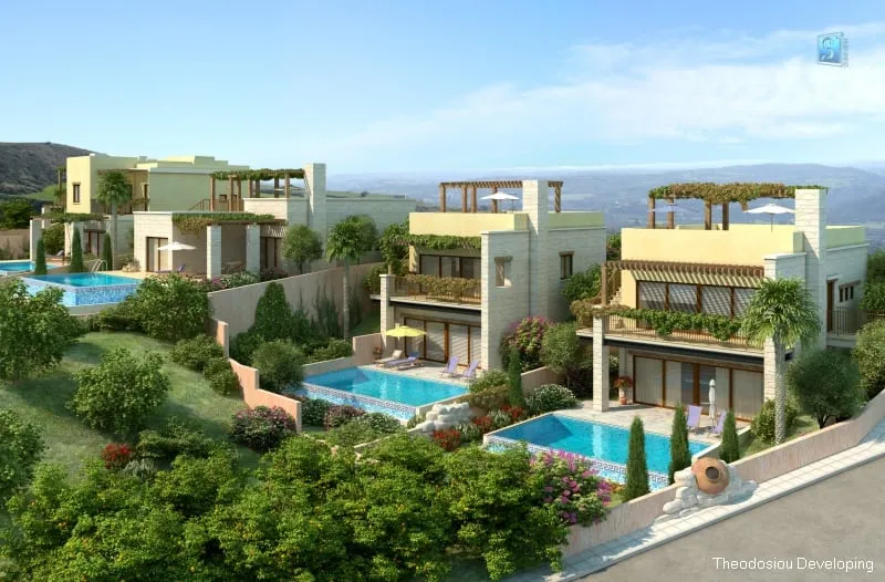 Architectural visualisation of Steni Sunset Villas — stone-clad hillside villas with pools overlooking Chrysochous Bay